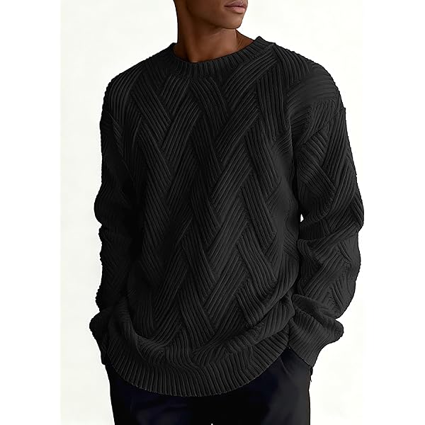 Black Herringbone Knit Crew Neck Long-Sleeve Sweater